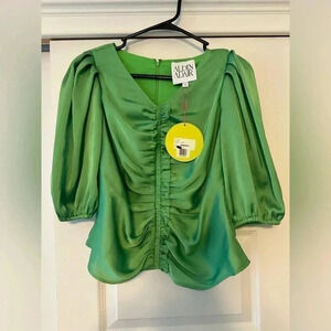 NWT Alden Adair Women’s Cat Top Blouse Shirt Green Sz S Ruched Puff Sleeve $160